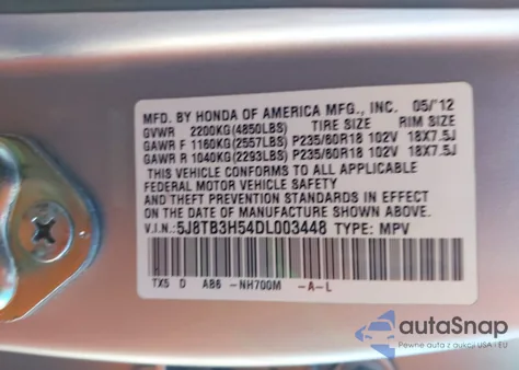 2013 Acura Rdx из США, поврежденный, VIN 5J8TB3H54DL003448